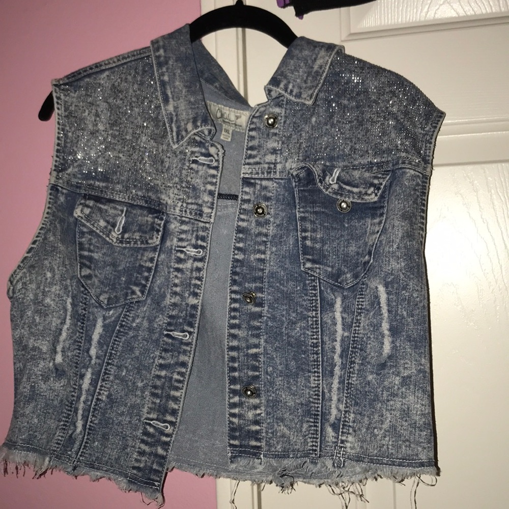 Plus Size Cut Off Jeweled Distress Jean Jacket